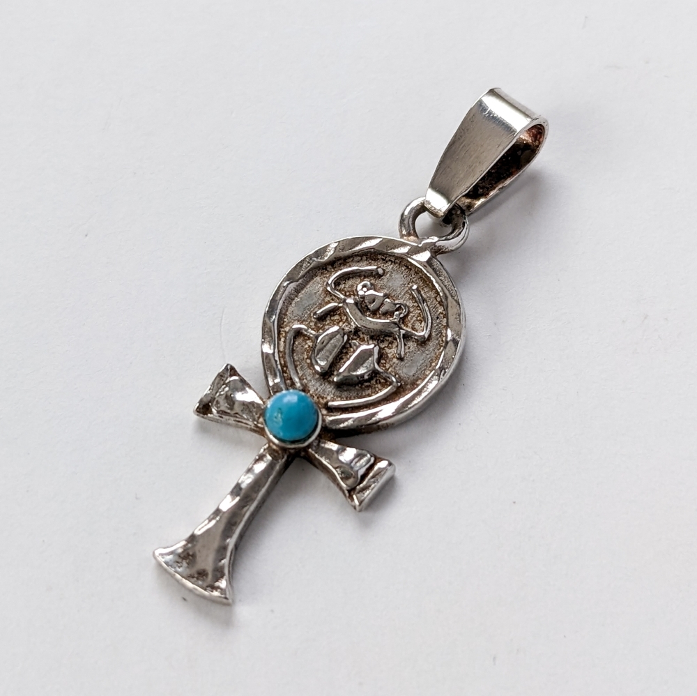 Silver Egyptian Ankh Scarab Pendant With Turquoise